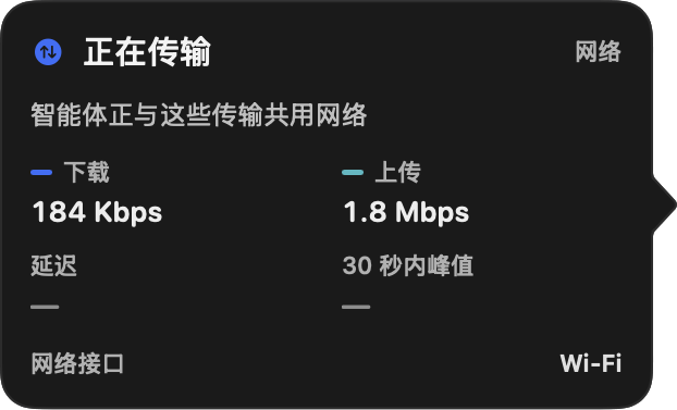 플로팅 볼의 네트워크 카드: 전송 중, 다운로드 184 Kbps, 업로드 1.8 Mbps, 네트워크 인터페이스 Wi-Fi