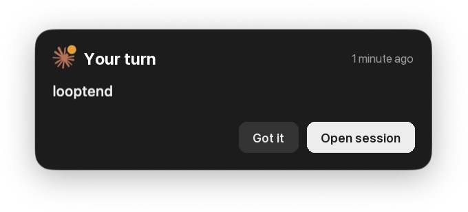 Your-turn reminder card with Got it and Open session buttons