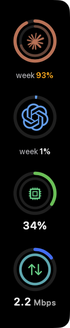 looptend sidebar form: the black rail with Claude and Codex week rings, CPU and network